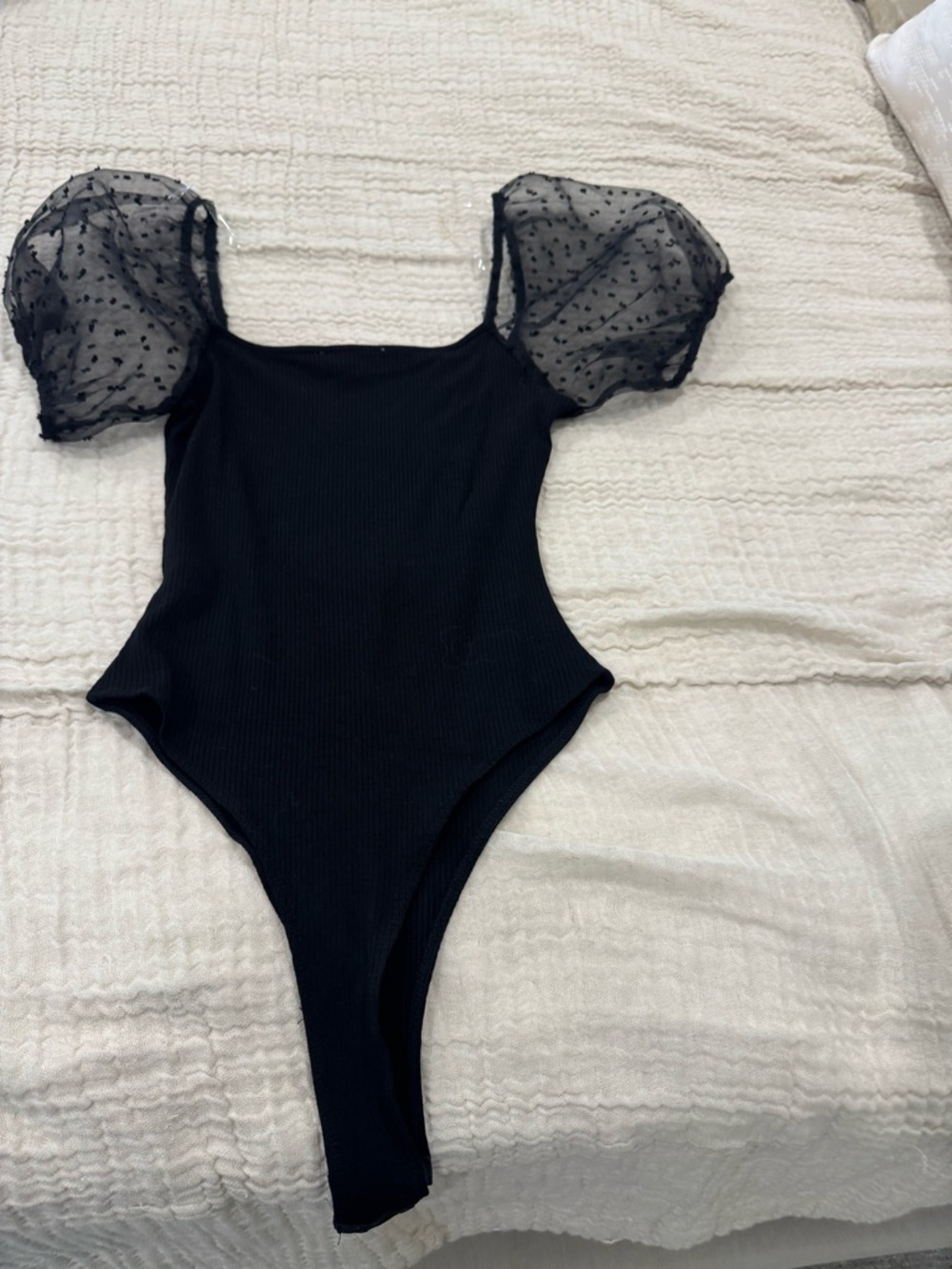 Peach Love California Black Puff Sleeve Ribbed Bodysuit